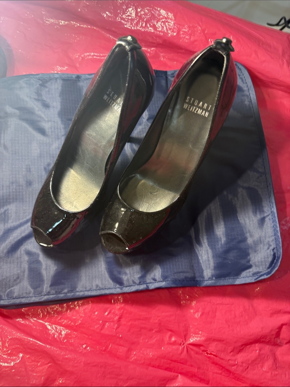 Stuart Weitzman Black Patent Peep-Toe Pumps